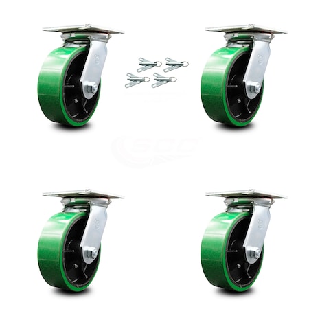 Service Caster 6 Inch Green Poly on Cast Iron Caster Set with Roller Bearings and Swivel Locks SCC-35S620-PUR-GB-BSL-4